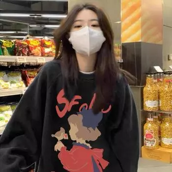 Женская толстовка с круглым вырезом, черная, осенняя, новая, с мультяшным принтом, с длинными рукавами, с капюшоном M