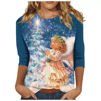 Женская толстовка с круглым вырезом и длинным рукавом, свободная, модная, повседневная, с принтом в виде рождественской елки и эльфа S