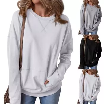 Женская толстовка с круглым вырезом и длинными рукавами, осень-зима, легкий пуловер с карманом