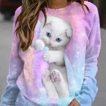 Женская толстовка с круглым вырезом и милым котенком, осень 2023, новый женский топ, повседневный удобный свитер увеличенного размера 5XL