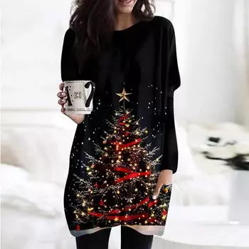 Женская толстовка с круглым вырезом и принтом, платье-рубашка с длинными рукавами и принтом, пуловер свободного покроя, свободный крой, топы с карманами L чёрный