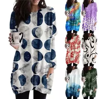 Женская толстовка с круглым вырезом и принтом, платье-рубашка с длинными рукавами и принтом, пуловер свободного покроя, свободный крой, топы с карманами L бежевый