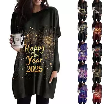 Женская толстовка с круглым вырезом и принтом, платье-рубашка с длинными рукавами и принтом, пуловер свободного покроя, свободный крой, топы с карманами L чёрный