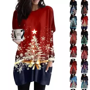 Женская толстовка с круглым вырезом и принтом, платье-рубашка с длинными рукавами и принтом, пуловер свободного покроя, свободный крой, топы с карманами S синий