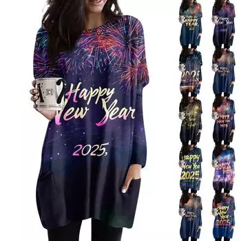 Женская толстовка с круглым вырезом и принтом, платье-рубашка с длинными рукавами и принтом, пуловер свободного покроя, свободный крой, топы с карманами XXXL чёрный