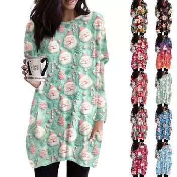 Женская толстовка с круглым вырезом и принтом, платье-рубашка с длинными рукавами и принтом, пуловер свободного покроя, свободный крой, топы с карманами M чёрный