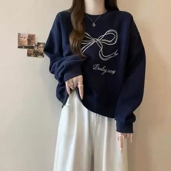 Женская толстовка с круглым вырезом и вышитым бантом — свободный крой, мода весна/осень 2XL темно-синий