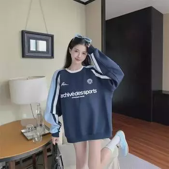 Женская толстовка с круглым вырезом контрастного цвета - Осень/Зима 2024 Повседневный свободный спортивный топ средней длины