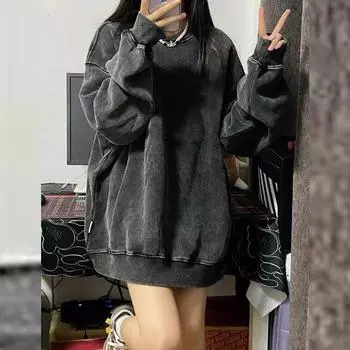 Женская толстовка с круглым вырезом, потертый модный свободный топ 3XL серый