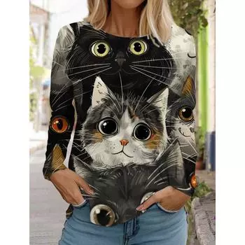 Женская толстовка с круглым вырезом, с длинным рукавом, модная, повседневная, с милым рисунком котенка и животных, с принтом топов S