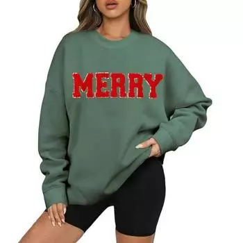 Женская толстовка с круглым вырезом, средней длины, свободный верх с узором из монограммы, эластичные манжеты S зелёный