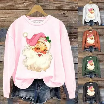 Женская толстовка с круглым вырезом, свободная посадка, милый узор Санта-Клауса, женские рубашки на пуговицах, рубашка с коротким рукавом, футболка с длинным рукавом, длинные милые топы XXL