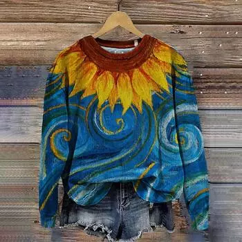 Женская толстовка с круглым вырезом, свободная женская одежда с принтом 3D-подсолнуха, красивые толстовки с капюшоном для женщин, модные повседневные топы S