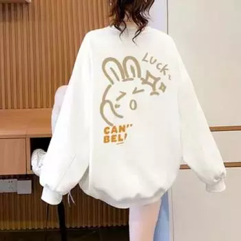 Женская толстовка с круглым вырезом, замедляющая старение, ленивый стиль, свободный бархатный мультяшный принт, универсальный топ с длинными рукавами S белый