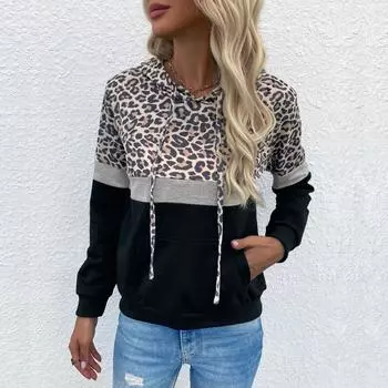 Женская толстовка с леопардовым принтом в стиле пэчворк, свободная зимняя и осенняя толстовка с карманом S коричневый