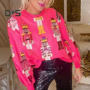 Женская толстовка с мультяшным принтом, круглым вырезом и длинным рукавом, свободный пуловер, повседневный цветной эластичный манжет, повседневный женский весенний топ средней длины S розы красного