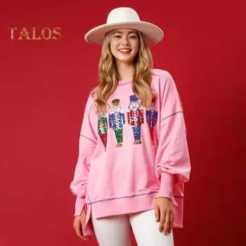 Женская толстовка с пайетками, рисунком из мультфильмов, разрезом, круглым вырезом и длинными рукавами, в рождественском стиле, для вечеринки на Новый год S белый