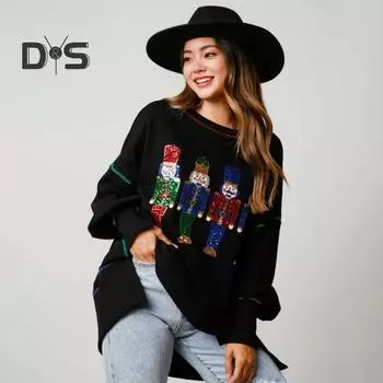 Женская толстовка с пайетками, рисунком из мультфильмов, разрезом, круглым вырезом и длинными рукавами, в рождественском стиле, для вечеринки на Новый год S белый