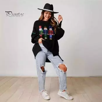 Женская толстовка с пайетками, рисунком из мультфильмов, разрезом, круглым вырезом и длинными рукавами, в рождественском стиле, для вечеринки на Новый год S белый