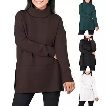 Женская толстовка с полувысоким воротником и разрезом по низу, однотонная плотная одежда больших размеров, длинный рукав, однотонный пуловер, сохраняющий тепло, повседневный топ L