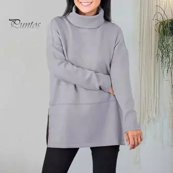 Женская толстовка с полувысоким воротником и разрезом по низу, однотонная плотная одежда больших размеров, длинный рукав, однотонный пуловер, сохраняющий тепло, повседневный топ для поездок на работу L серый