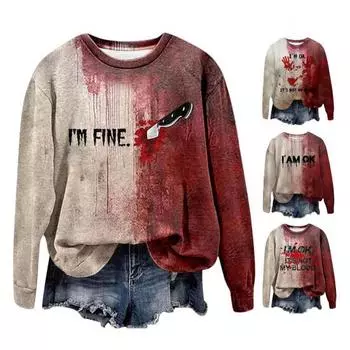 Женская толстовка с принтом 3D Bloodstain с круглым вырезом, повседневная, с капюшоном на Хэллоуин, с привидениями, с длинными рукавами, свободная толстовка с капюшоном M