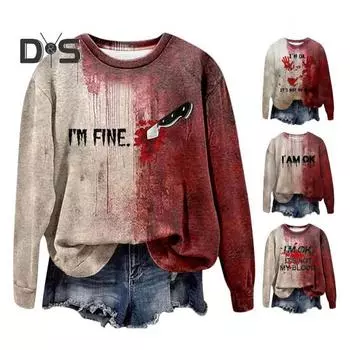 Женская толстовка с принтом 3D Bloodstain с круглым вырезом, повседневная, с капюшоном на Хэллоуин, с привидениями, с длинными рукавами, свободная толстовка с капюшоном L