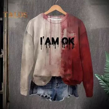 Женская толстовка с принтом 3D Bloodstain с круглым вырезом, повседневная, с капюшоном на Хэллоуин, с привидениями, с длинными рукавами, свободная толстовка с капюшоном L