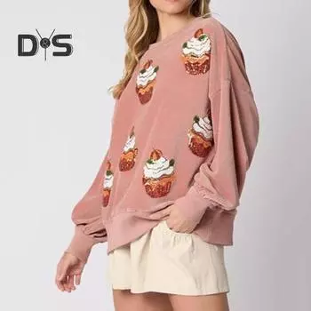 Женская толстовка с принтом кексов и пайеток, круглый вырез, свободные длинные рукава, повседневный топ на рождественскую тематику для новогодней вечеринки S розовый