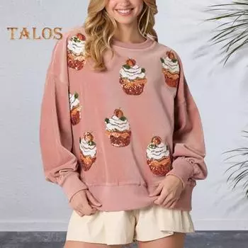 Женская толстовка с принтом кексов и пайеток, круглый вырез, свободные длинные рукава, повседневный топ на рождественскую тематику для новогодней вечеринки S розовый