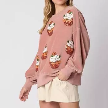 Женская толстовка с принтом кексов и пайеток, круглый вырез, свободные длинные рукава, повседневный топ на рождественскую тематику для новогодней вечеринки S розовый