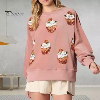 Женская толстовка с принтом кексов и пайеток, круглый вырез, свободные длинные рукава, повседневный топ на рождественскую тематику для новогодней вечеринки S розовый