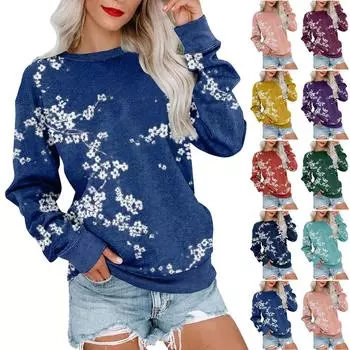 Женская толстовка с принтом, повседневная удобная свободная легкая женская толстовка с длинным рукавом и круглым вырезом XXL синий
