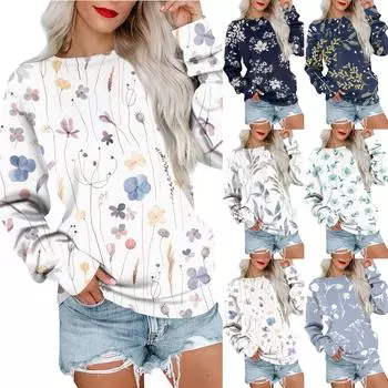 Женская толстовка с принтом, повседневная удобная свободная легкая женская толстовка с длинным рукавом и круглым вырезом S серый