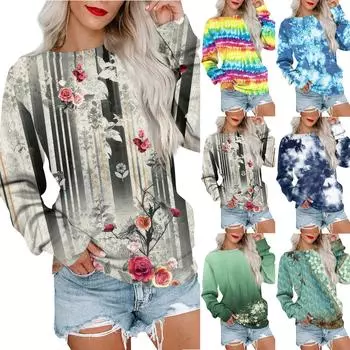 Женская толстовка с принтом, повседневная удобная свободная легкая женская толстовка с длинным рукавом и круглым вырезом XXXL синий