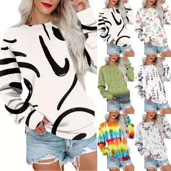 Женская толстовка с принтом, повседневная удобная свободная легкая женская толстовка с длинным рукавом и круглым вырезом M бежевый