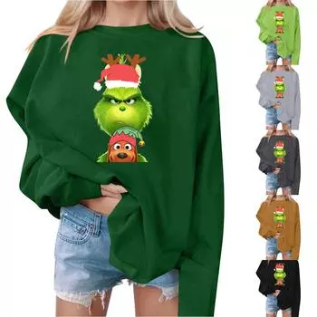 Женская толстовка с принтом, повседневная удобная свободная легкая женская толстовка с длинным рукавом и круглым вырезом M зелёный