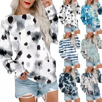 Женская толстовка с принтом, повседневная удобная свободная легкая женская толстовка с длинным рукавом и круглым вырезом L синий