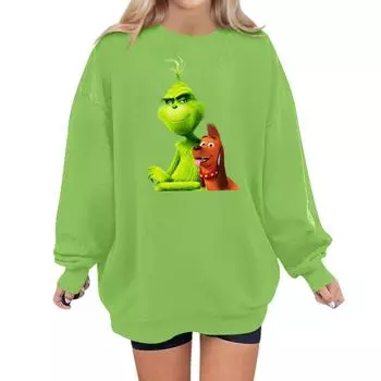 Женская толстовка с принтом, повседневная удобная свободная легкая женская толстовка с длинным рукавом и круглым вырезом L зелёный