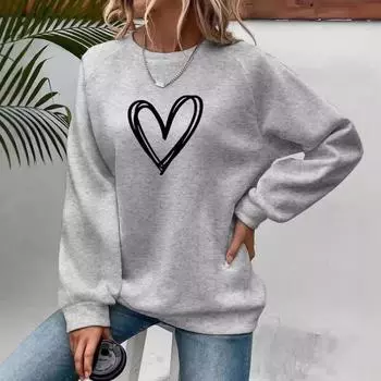 Женская толстовка с принтом в виде сердца, мягкая, с круглым вырезом и длинными рукавами, модная повседневная одежда для повседневного стиля S серый