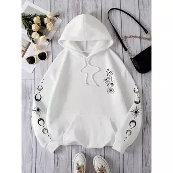 Женская толстовка с принтом «звезда, солнце, луна, глаз», винтажная, свободного покроя, с капюшоном, уличная, повседневная, осенняя, простая, мягкая одежда S