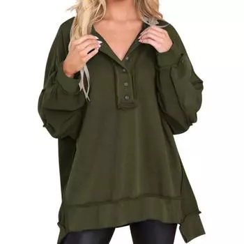 Женская толстовка с пуговицами, круглым вырезом, длинными рукавами, эластичными манжетами, свободная, однотонная, неровный подол, пуловер, повседневный M зелёный