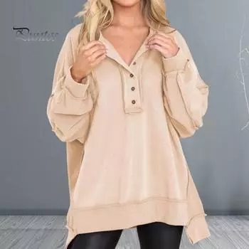 Женская толстовка с пуговицами, круглым вырезом, длинными рукавами, эластичными манжетами, свободная однотонная, неровный подол, пуловер, повседневный спортивный топ L абрикосовый