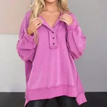 Женская толстовка с пуговицами, круглым вырезом, длинными рукавами, эластичными манжетами, свободная однотонная, неровный подол, пуловер, повседневный спортивный топ M абрикосовый