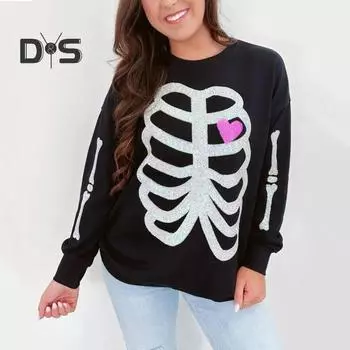Женская толстовка с рисунком скелета, круглым вырезом, декором из пайеток, длинными рукавами, свободными эластичными манжетами, спортивная повседневная одежда, осенне-весенний топ S белый