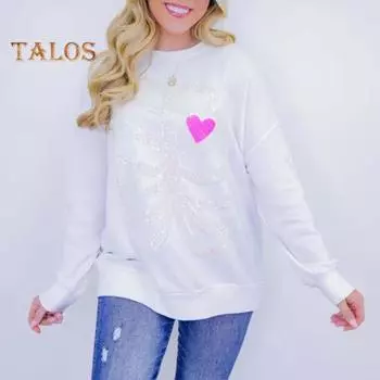 Женская толстовка с рисунком скелета, круглым вырезом, декором из пайеток, длинными рукавами, свободными эластичными манжетами, спортивная повседневная одежда, осенне-весенний топ S чёрный