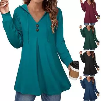 Женская толстовка с v-образным вырезом и длинными рукавами и пуговицами в стиле платья