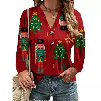 Женская толстовка с V-образным вырезом и длинными рукавами с принтом рождественской елки, рождественский топ S
