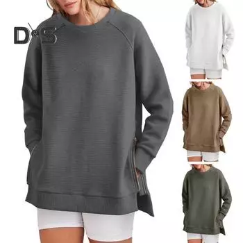 Женская толстовка с застежкой-молнией, разрезом по низу, круглым вырезом, средней длины, свободным однотонным верхом, эластичными манжетами и подолом, спортивным пуловером для походов и отдыха на природе M светло-коричневого