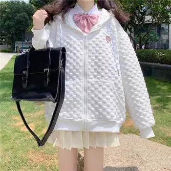 Женская толстовка с застежкой-молнией, верхняя часть, осень-зима, толстовки в стиле JK, женская новая японская милая свободная ретро-куртка для студентов из вафельного трикотажа US M белый